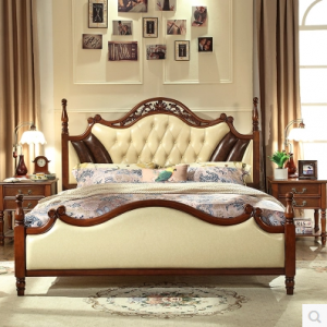 预售-美式床实木真皮家具双人床