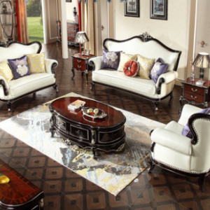 预售-欧式古典奢华实木真皮沙发组合1+2+3
