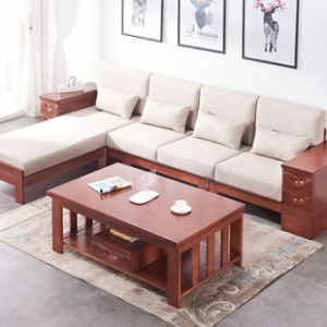 预售-中式橡木实木储物布艺沙发