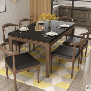 预售-北欧火烧石实木餐桌椅组合1桌+6椅