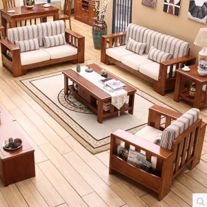 预售-中式现代实木布艺沙发组合1+2+3+茶几+方几