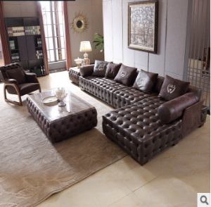 预售-欧式实木真皮沙发组合4+1+贵