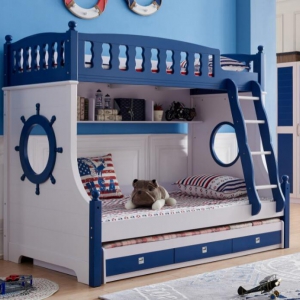 预售-地中海高低床蓝色双层床儿童床实木子母床上下床多功能上下铺