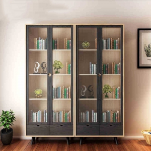 预售-北欧实木书柜书架组合落地文件柜简约现代带玻璃门书橱