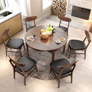 预售-实木圆餐桌北欧多功能可伸缩餐桌组合胡桃木色1.2米一桌四椅