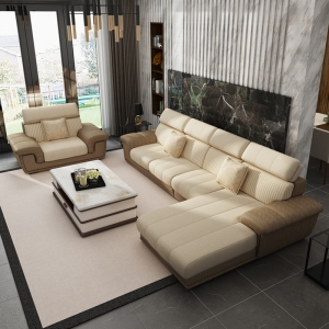预售-科技布免洗布艺沙发简约北欧米黄色高靠头乳胶沙发
