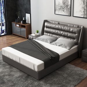 预售-现代简约真皮床 北欧羽绒双人婚床主卧1.8米高箱小户型软体软包床