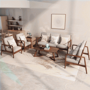预售-北欧实木布艺沙发组合新中式现代简约胡桃色客厅小户型沙发
