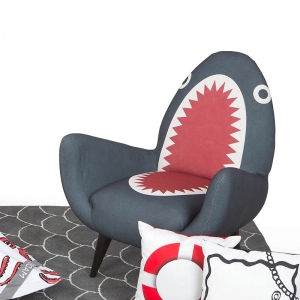 预售-现代实木客厅沙发椅 鲨鱼图案沙发凳家具简约单人布艺椅子
