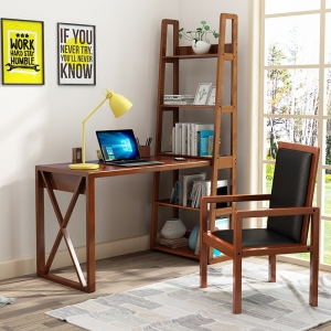 预售-全实木转角书桌书架组合家用中式电脑桌书柜一体卧室学习桌写字台
