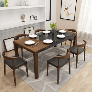预售-北欧火烧石餐桌椅4人8人组合 客厅现代简约可伸缩长方形实木餐桌