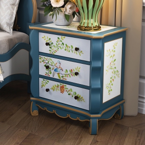 预售-美式乡村彩绘雕花床头柜 卧室储物收纳柜欧式地中海蓝做旧边柜