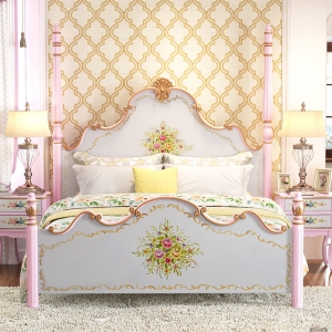 预售-美式乡村主卧欧式婚床现代简约大人地中海高柱粉红双人实木床1.8m