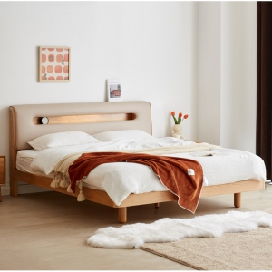 【A.SG】全实木软包床现代简约橡木软靠床小户型家用夜灯卧室双人床