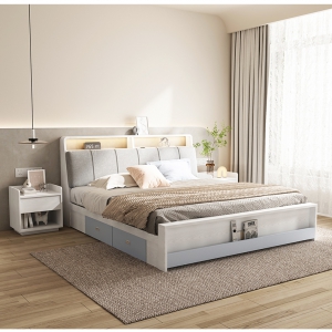 【A.SG】北欧现代简约双人床奶油风小户型卧室带灯软靠1.8m储物婚床