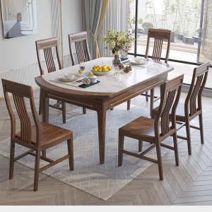 【A.SG】胡桃木实木岩板餐桌伸缩折叠方圆两用可变圆桌简约现代饭桌椅组合