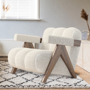 预售-北欧实木单人沙发客厅奶油侘寂风休闲椅设计师款现代羊羔绒沙发椅