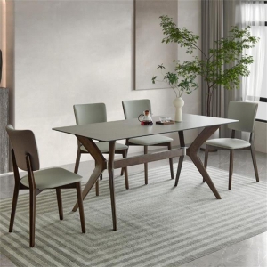 预售-实木架岩板餐桌姹季风意式极简胡桃色长方形家用小户型餐桌椅