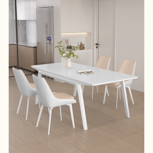 预售-现代简约纯白色奶油风岩板实木餐桌椅组合长方形家用小户型饭桌子